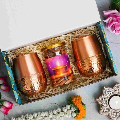Diwali Combo - 2 Copper Jars,1 Dryfruit Jar 1 Diwali Combo - 2 Copper Jars,1 Dryfruit Jar