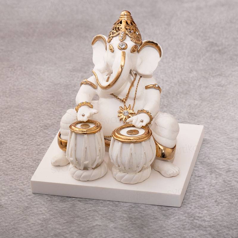 White Ganesha Playing Tabla Idol | 4" Marble Dust Vinayaka Statue with 24K Gold Plating | Ideal for Car Dashboard and Home Mandir