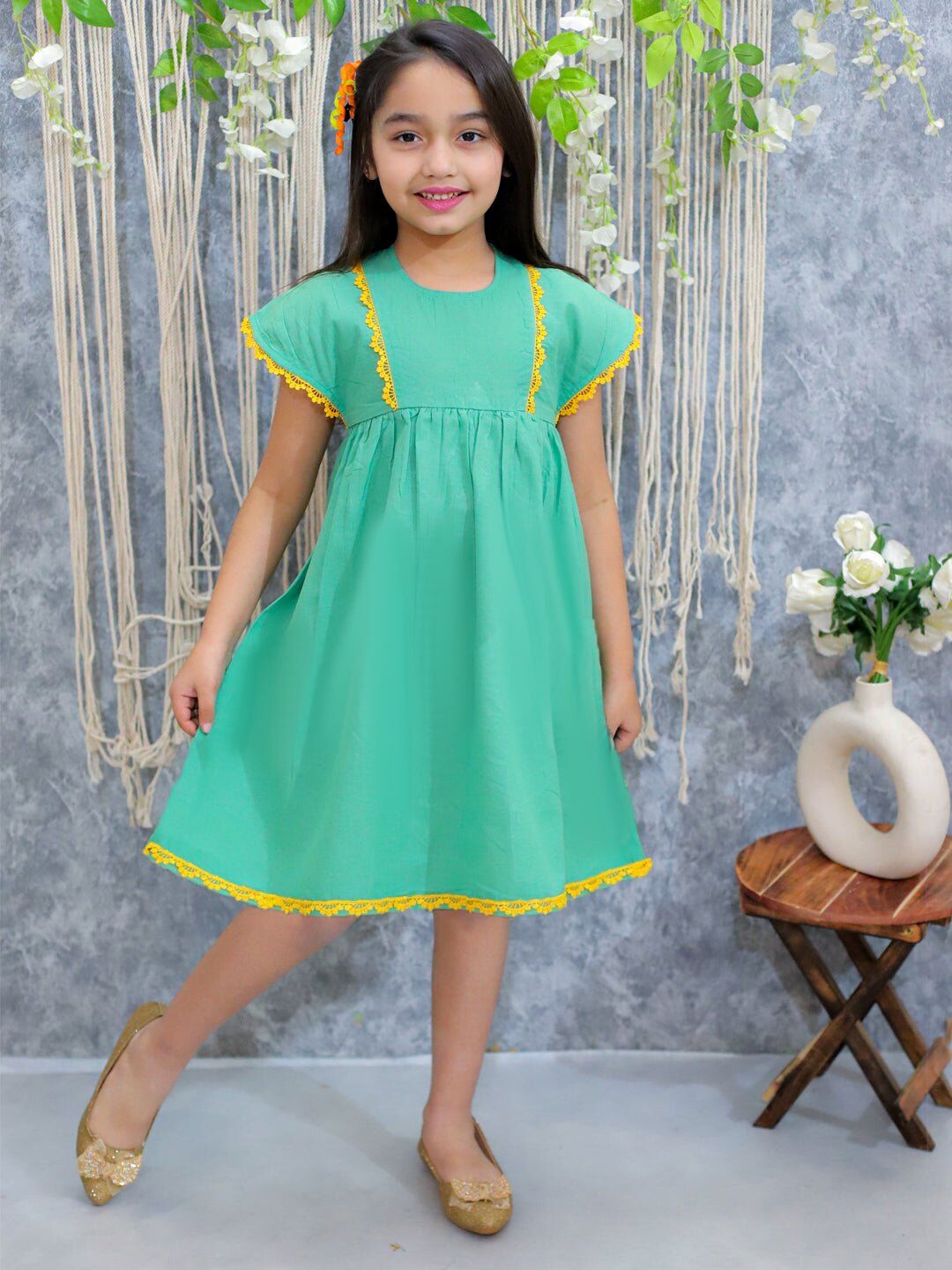 Pure Cotton Panelled Summer Frock for Girls- Green 1 Pure Cotton Panelled Summer Frock for Girls- Green