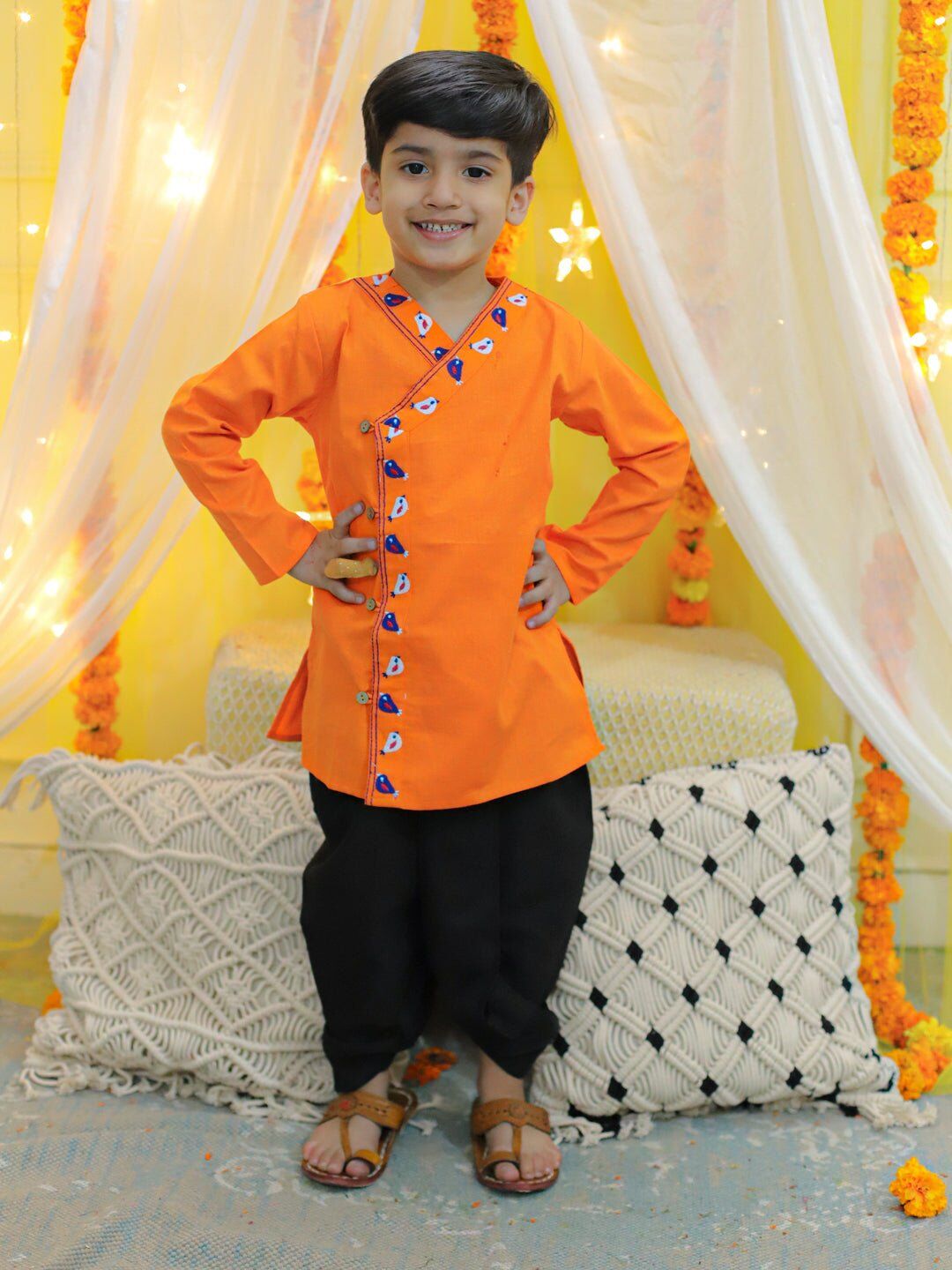 Embroidery Front Open Cotton Kurta with Dhoti for Boys- Orange 1 Embroidery Front Open Cotton Kurta with Dhoti for Boys- Orange