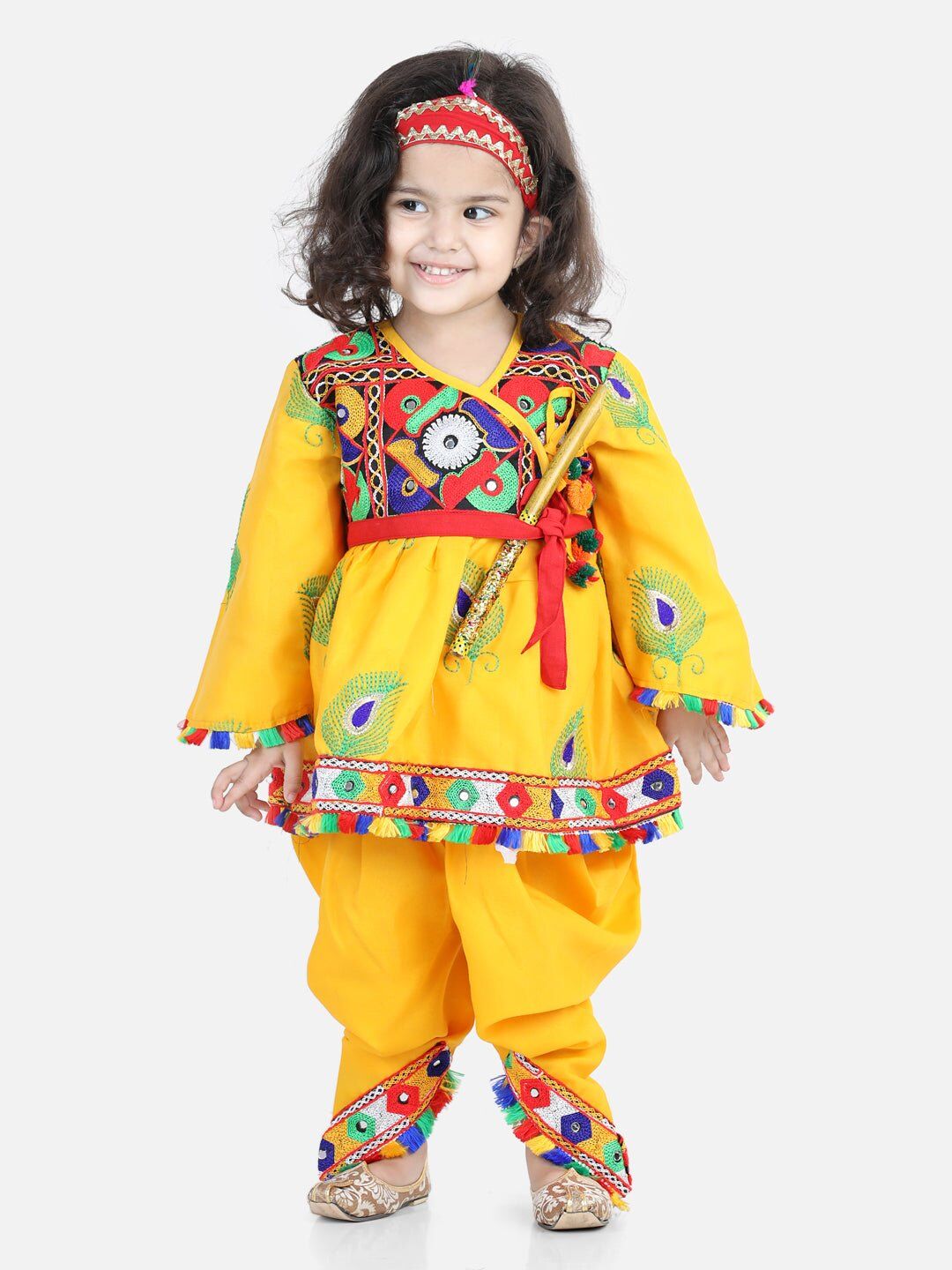 Embroidered Dhoti Top Radha Dress with Mukut Bansuri Belt for Girls-Yellow 1 Embroidered Dhoti Top Radha Dress with Mukut Bansuri Belt for Girls-Yellow
