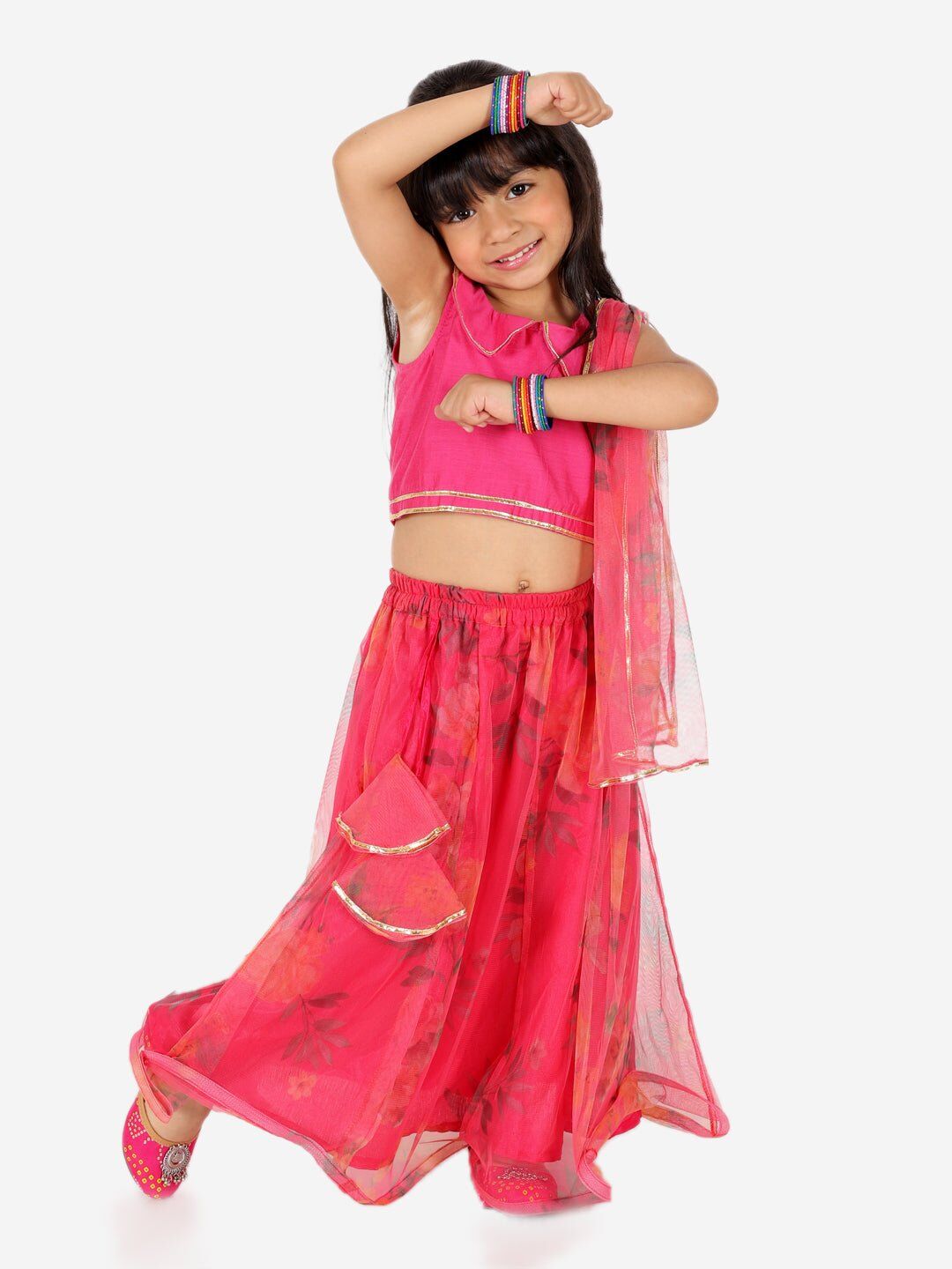 Girls Chanderi top with Floral Net Lehenga with Attached Dupatta- Pink 1 Girls Chanderi top with Floral Net Lehenga with Attached Dupatta- Pink
