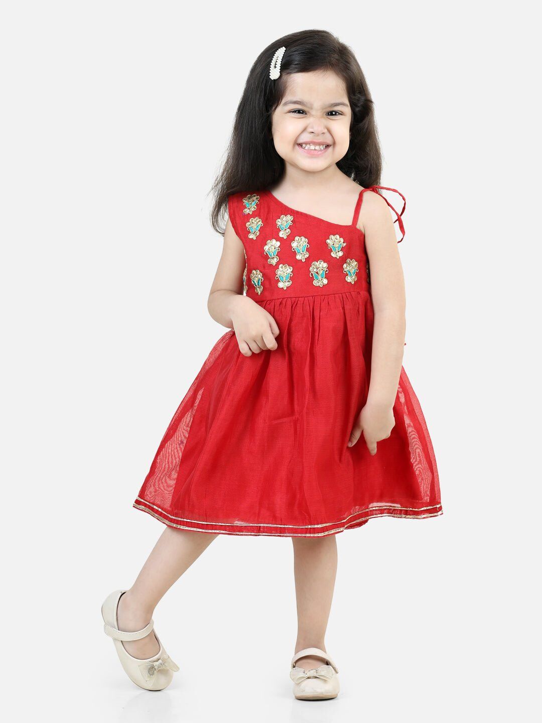 Girls Gota Patti Embroidery Chanderi Frock Party Dress - Red 1 Girls Gota Patti Embroidery Chanderi Frock Party Dress - Red