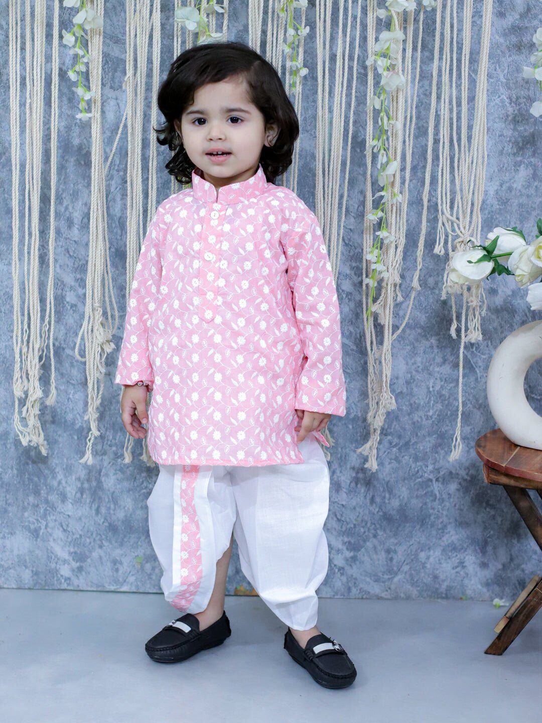 Chikan Cotton Full Sleeve Kurta with Dhoti for Boys - Pink 1 Chikan Cotton Full Sleeve Kurta with Dhoti for Boys - Pink