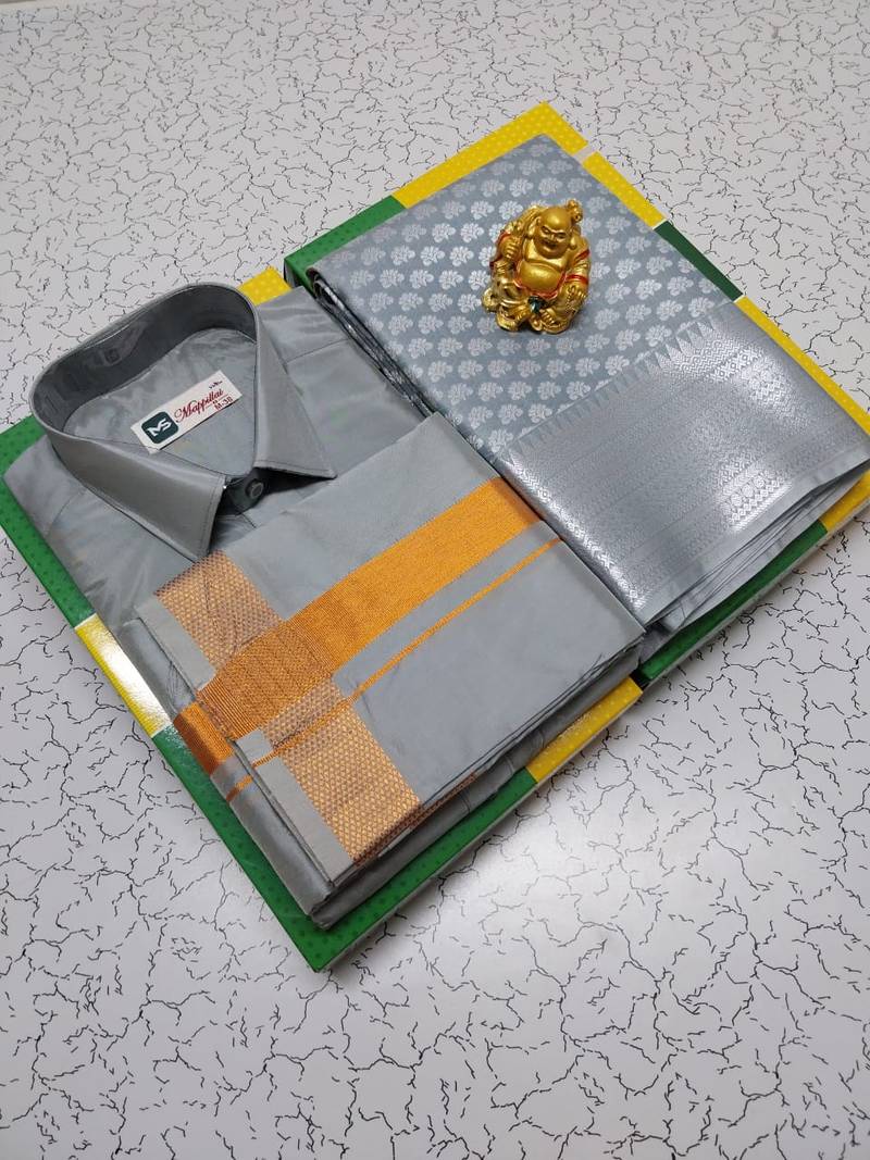 Premium silk Couple combo set (Shirt - Dhoti + Bridal semi silk sarees) 1 Premium silk Couple combo set (Shirt - Dhoti + Bridal semi silk sarees)